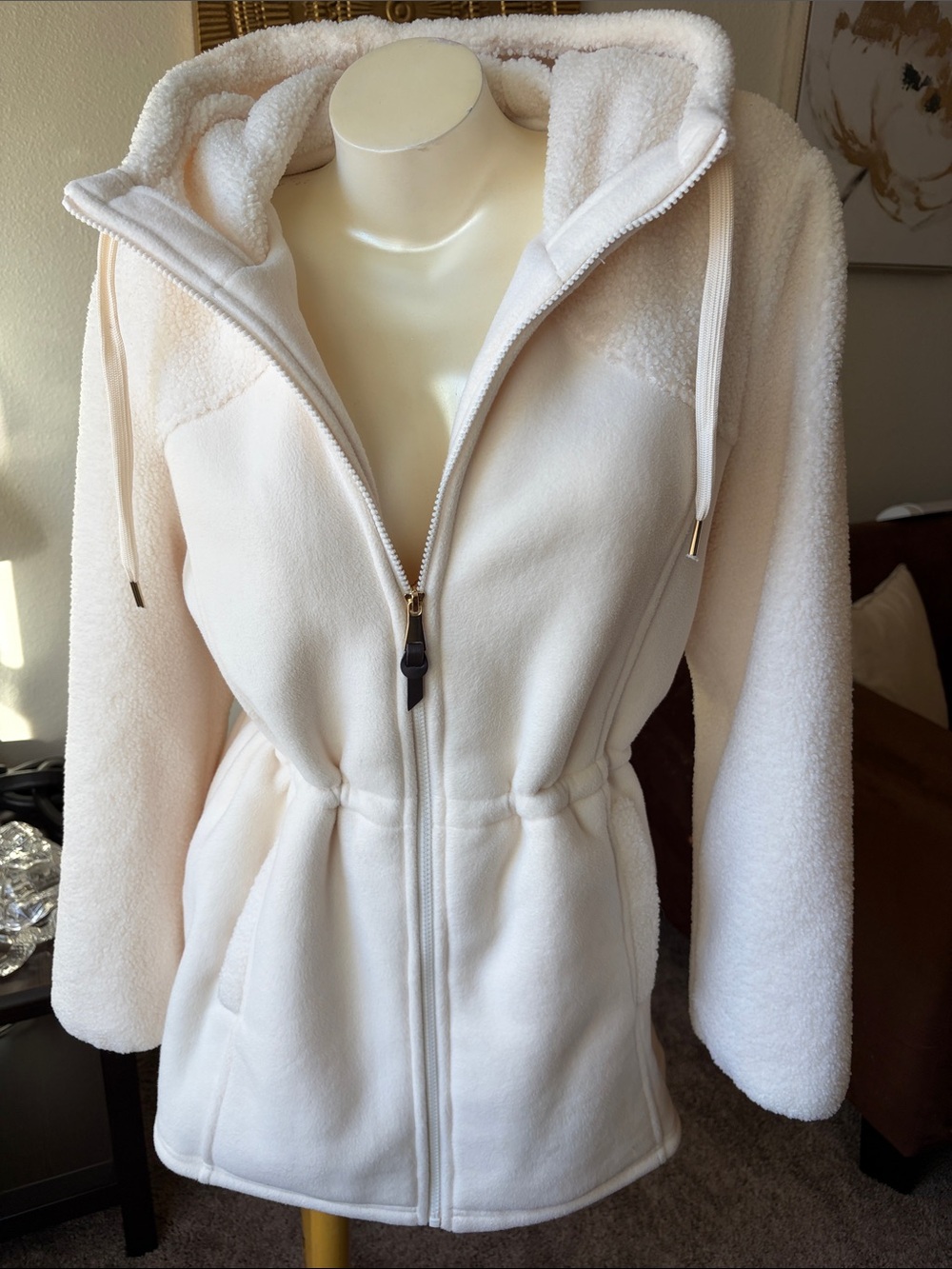 *Madison Cream Hooded Teddy Fleece Jacket with Drawstring Waist NWT - Picture 7 of 12